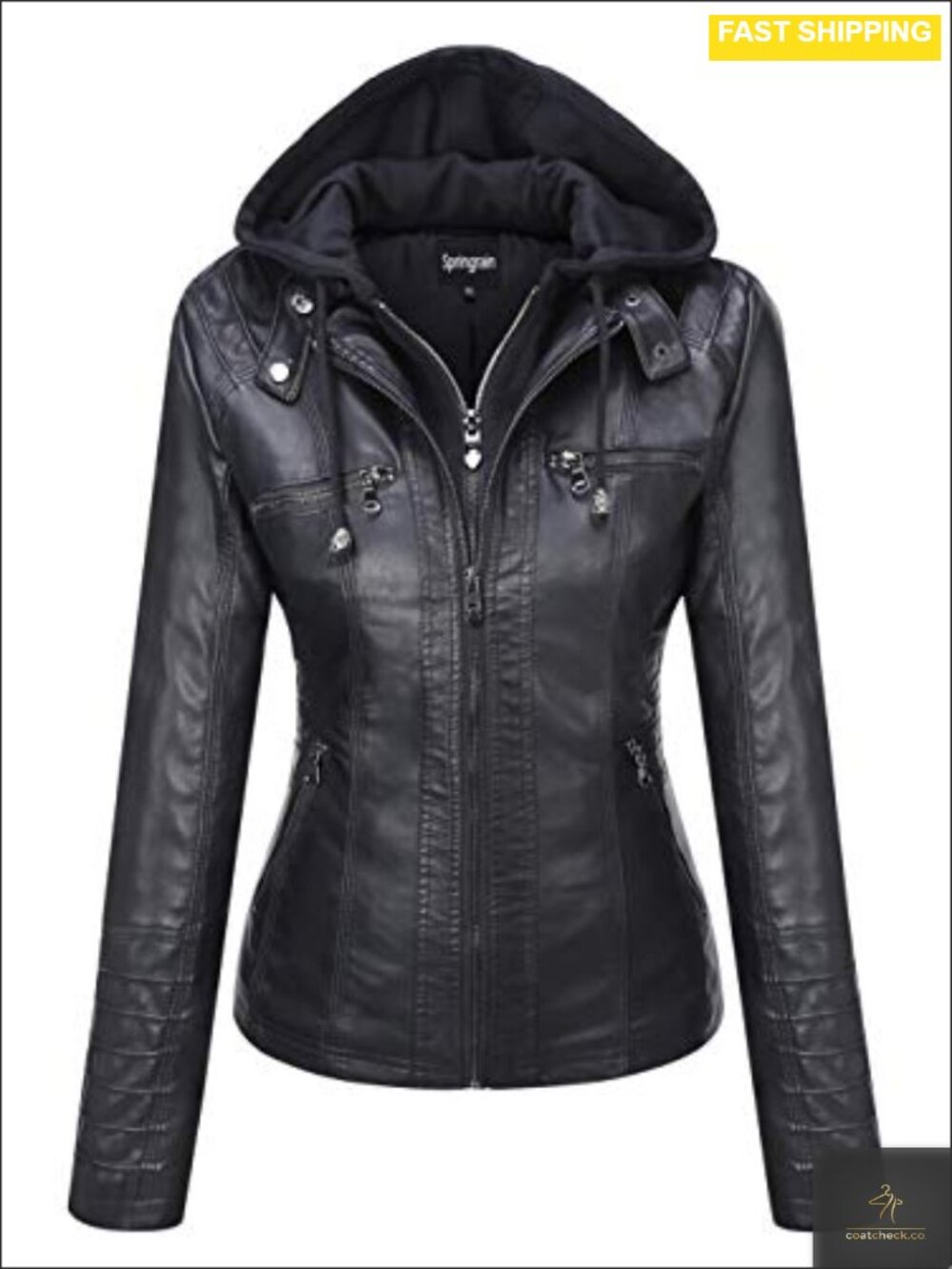 Faux Leather Moto Biker Jacket Removable Knit Hood Zip Pockets